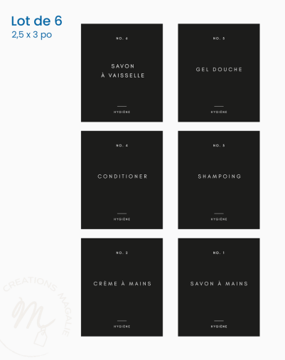 Ensemble de 6 étiquettes noires minimalistes pour cuisine et salle de bain