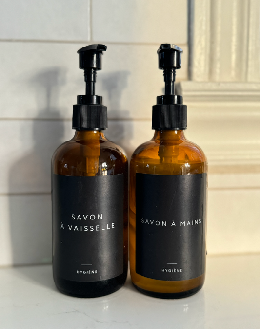 Étiquettes noires pour savon à mains et vaisselle